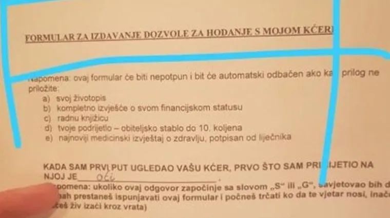 Hrvat osmislio čitav formular za dečke kojima se sviđa njegova kći, uvjeti su vrh