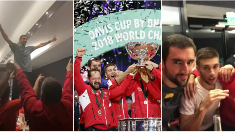 Pogledajte kako se proslavila pobjeda hrvatskih tenisača: Pjesma, ples po stolu i odlična atmosfera!