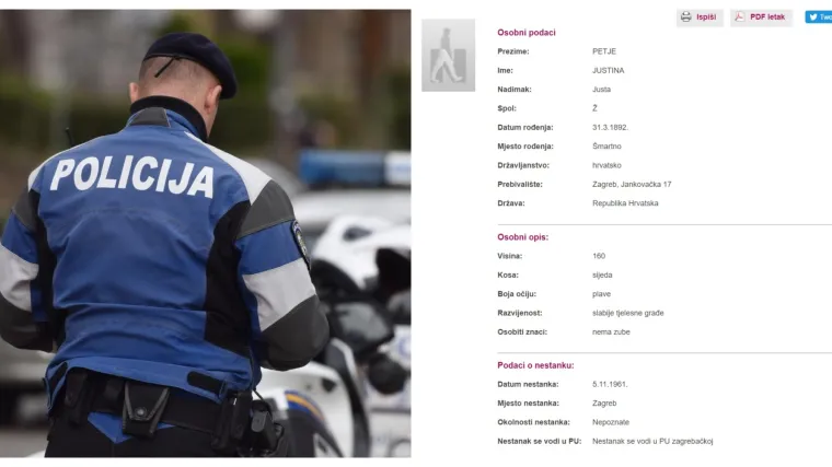 Zagrebačka policija traga za ženom starom 127 godina, bez zuba, plavih očiju i sijede kose