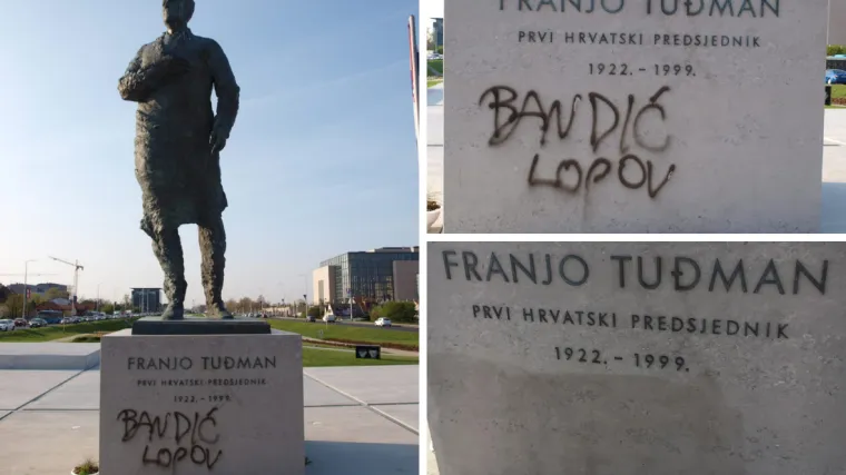 Na Tuđmanov spomenik napisali 'Bandiću lopove' i 'Mila', jedna osoba zavr&scaron;ila u policiji