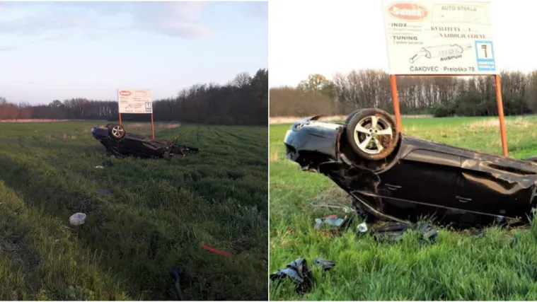 VIDEO I FOTO Auto uočen u polju: Udario u reklamni stup, prevrno se na krov, a vozač nestao
