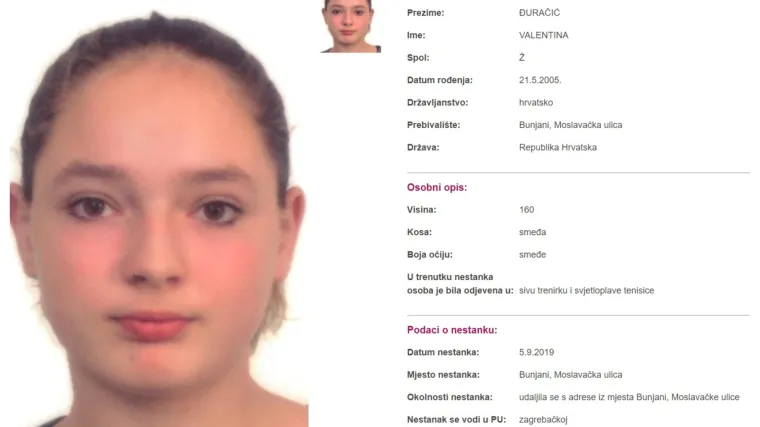 Od četvrtka se ne zna gdje je: Nestala 14-godi&scaron;nja Valentina Đuračić