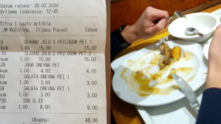 Znate li koliko košta glavno jelo s prilogom? 15 kuna! Ali, račun otkriva još jednu zanimljivost...