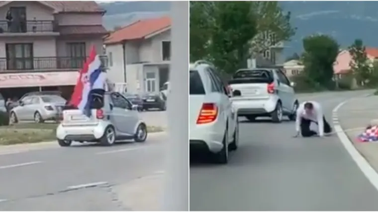 Entuzijastični barjaktar ispao iz auta tijekom svadbene povorke, pao kao kruška