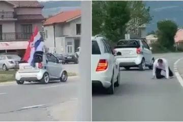 Entuzijastični barjaktar ispao iz auta tijekom svadbene povorke, pao kao kruška