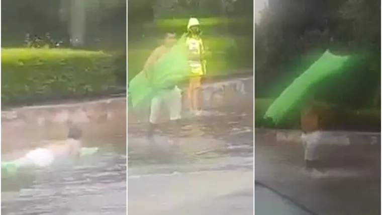 VIDEO Ki&scaron;a koja je 'poplavila' Dubrovnik njemu nije smetala: Opremio se 'luftićem' i iza&scaron;ao na ulicu