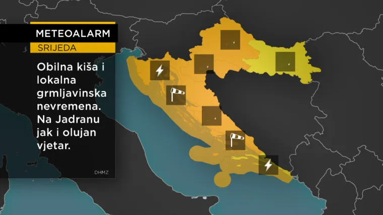 Gotovo cijela Hrvatska pod narančastim alarmom! Stižu pljuskovi, jak vjetar, a moguće su i poplave