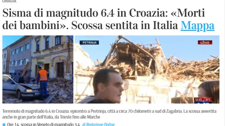 Potres na području Petrinje udarna vijest u talijanskim medijima