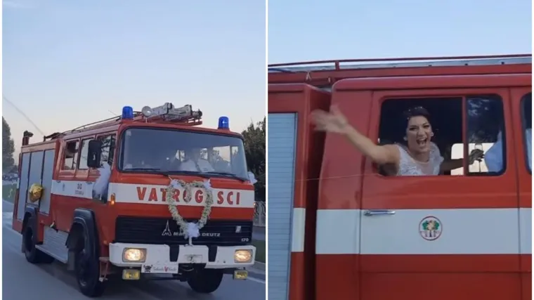 Mladenci se dovezli u - vatrogasnom kombiju: Uključile se sirene, &scaron;mrkovi... Snimka je že&scaron;ći hit!