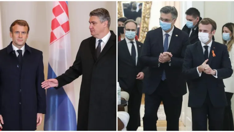 FOTO Macron kod Milanovića i Plenkovića: Korona 'ne stanuje' na Pantovčaku, u Banskim dvorima maske i dezinfekcija