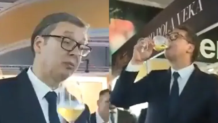 VIDEO Vučić se malo napio i frfljao, savjetnica mu pokušala uzeti čašu, ali on se nije dao: 'A ne, ne, ne'