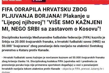 Srpski mediji o kazni Hrvatskoj: 'FIFA odrapila Hrvatsku zbog pljuvanja Borjana, plaču u 'lijepoj njihovoj'