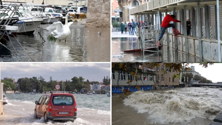 FOTO Nevrijeme napravilo kaos duž obale: Ceste plivaju, labudovi šeću po popavljenoj rivi. Voda ušla i u podrume