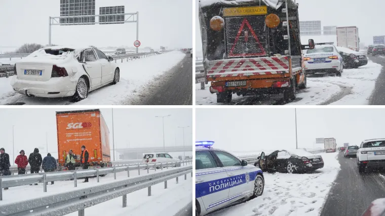 FOTO Kr&scaron; i lom na autocesti Zagreb-Beograd: Snijeg okovao kolnik, a sudari i smrskani automobili na sve strane