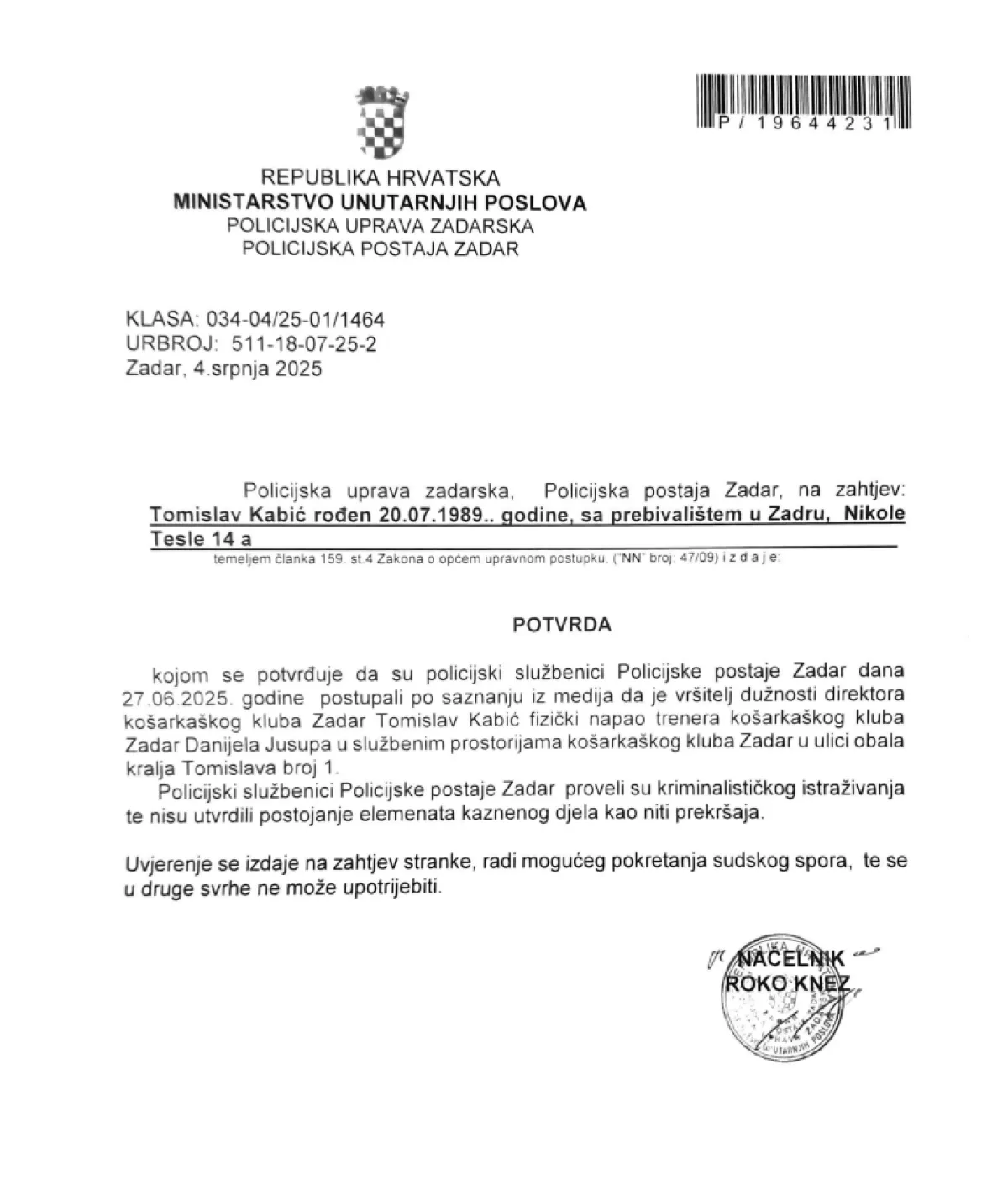 Tomislav Kabić nije fizički napao Zadrovog trenera Danijela Jusupa