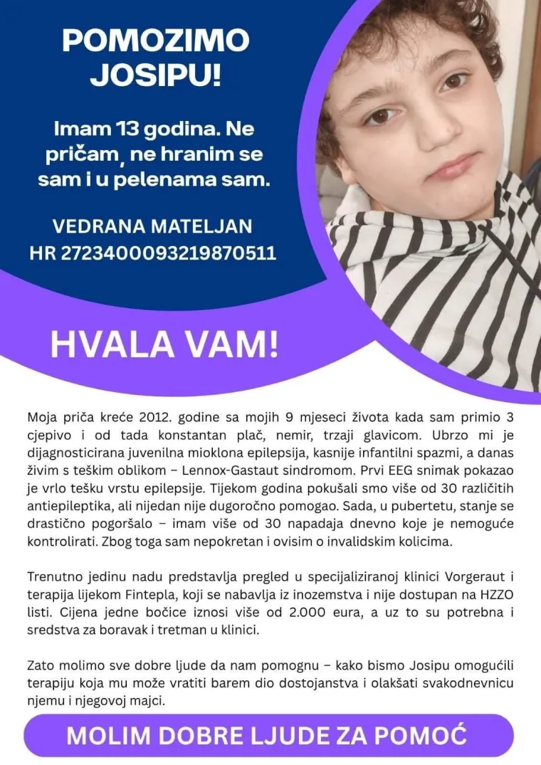 Sinoć je održan koncert za Josipa Mateljana (13): Boluje od iznimno rijetkog sindroma