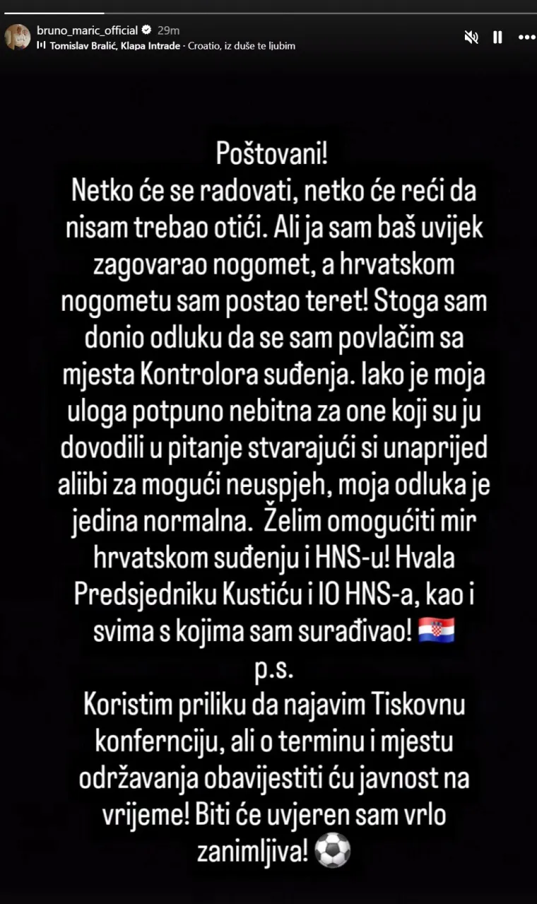 Bruno Marić se povukao nakon pritisaka: 'Moja odluka je jedina normalna'