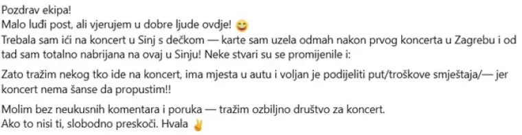 Osvanula zanimljiva objava djevojke, traži pratnju za Thompsonov koncert: 'Dečka više nemam'