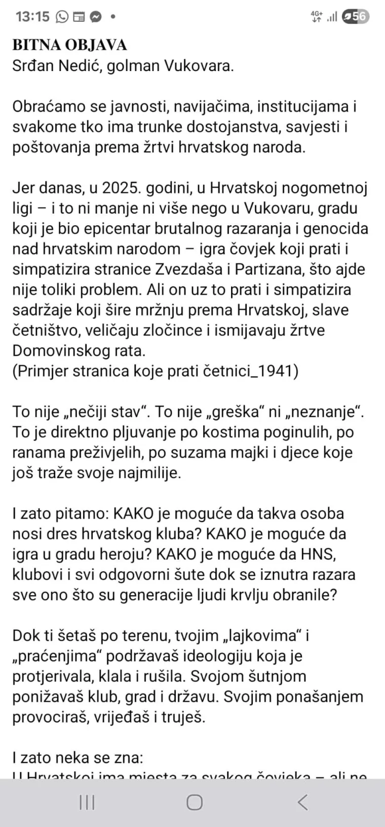 Vukovar potjerao golmana jer je pratio četničke i Zvezdine stranice na Instagramu: 'Takvo što nije prihvatljivo'