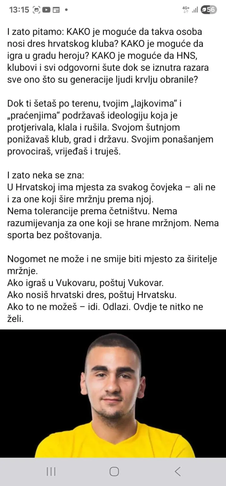 Vukovar potjerao golmana jer je pratio četničke i Zvezdine stranice na Instagramu: 'Takvo što nije prihvatljivo'