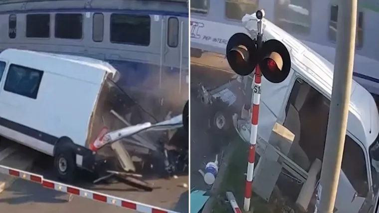 Vlak uništio kombi, vozač samim čudom ostao neokrznut! Policija objavila zapanjujuću snimku