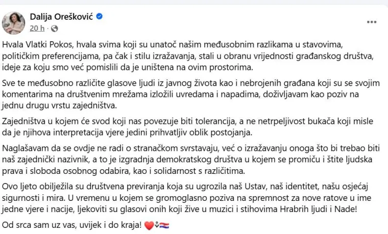 Oglasila se Dalija Orešković nakon prozivke s oltara: Uputila poruku Vlatki Pokos