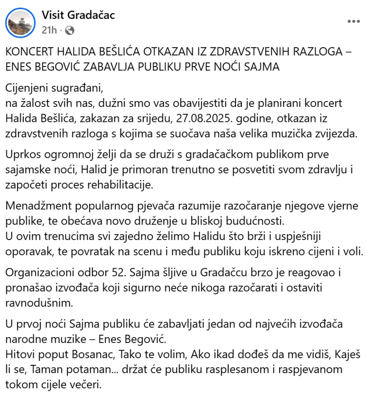 Halid Be&scaron;lić zbog zdravstvenih problema morao hitno otkazati koncert: 'Čeka ga rehabilitacija'