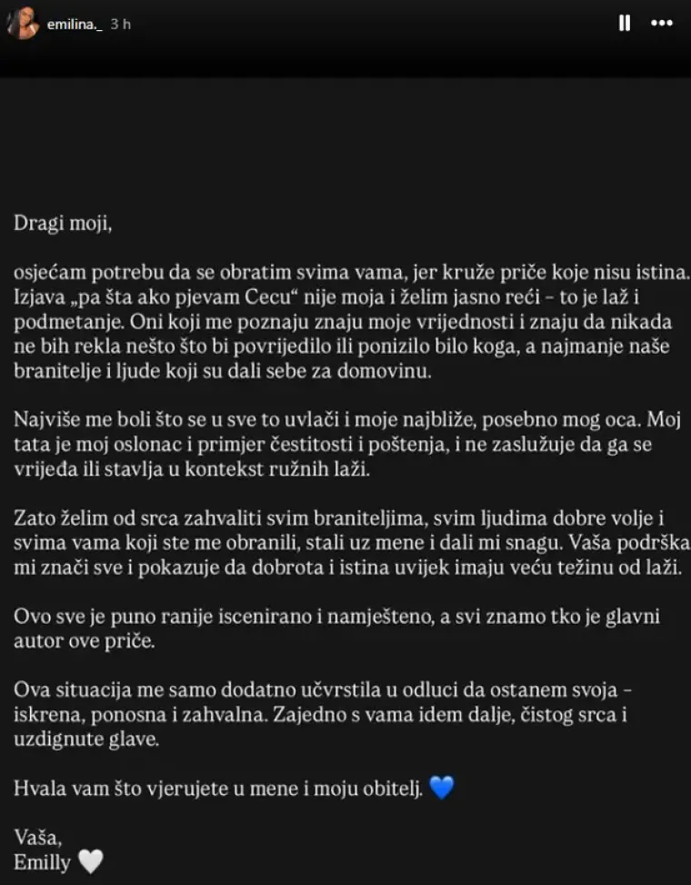 Javila se Emili Genda: 'Izjava 'pa šta ako pjevam Cecu' nije moja i želim jasno reći - to je laž i podmetanje'