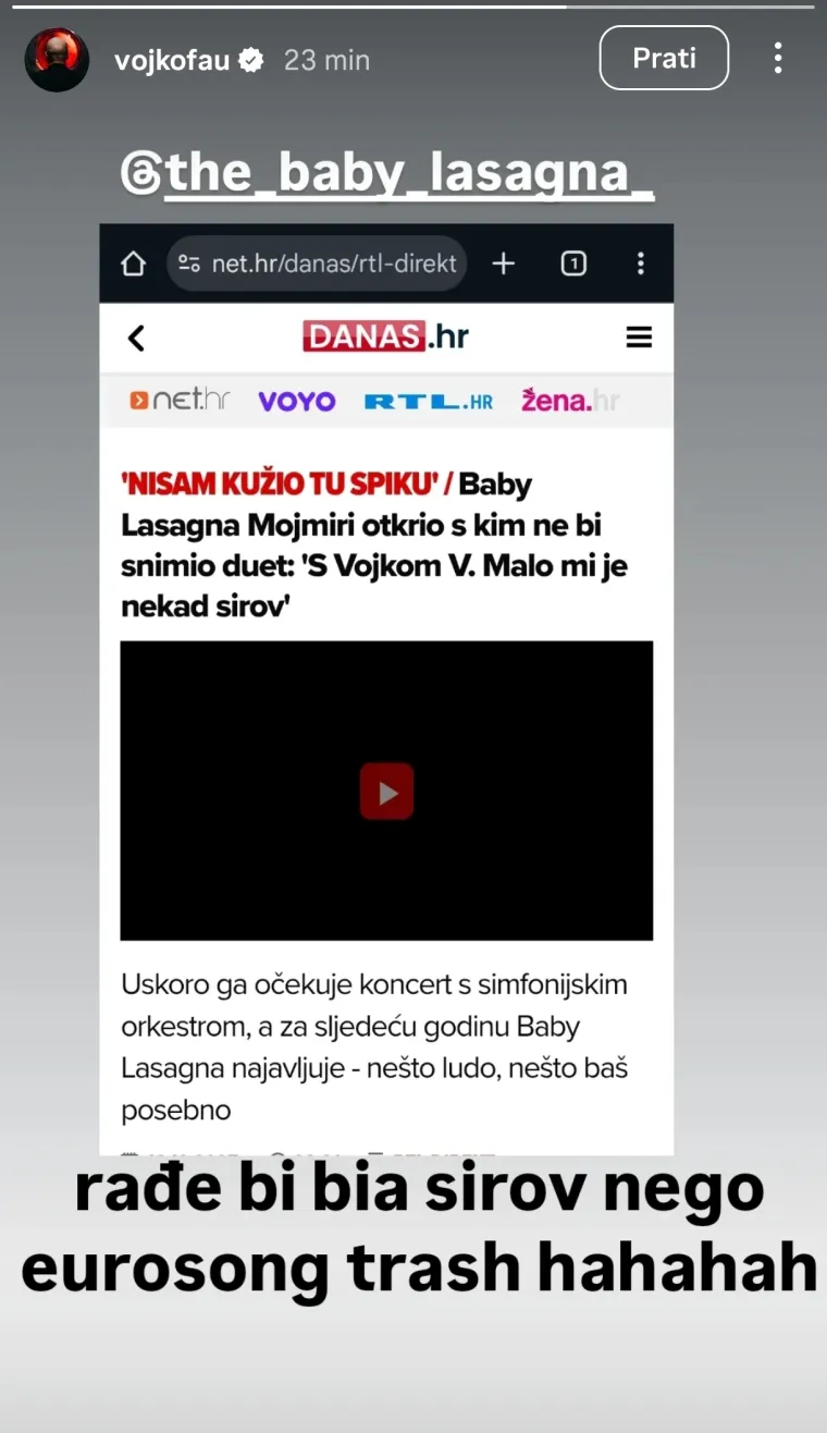 Vojko V javno spustio Baby Lasagni: 'Radije bi bio sirov nego Eurosong trash'