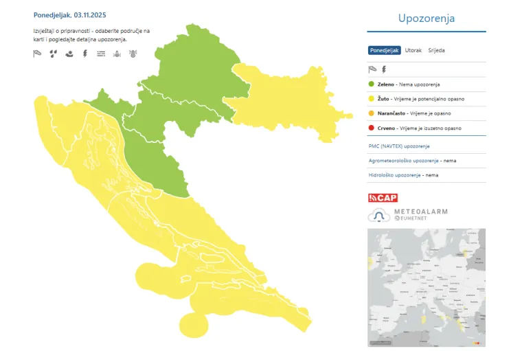 DHMZ popalio žuti alarm za više regija: Pljuskovi i grmljavina, na moru i olujni udari