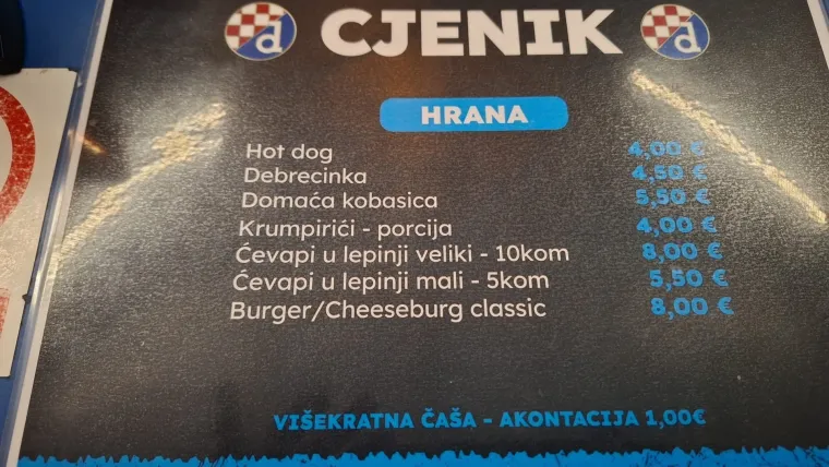 Zanima li vas koliko košta hrana i piće na utakmici Dinama i Betisa? Imamo fotografiju
