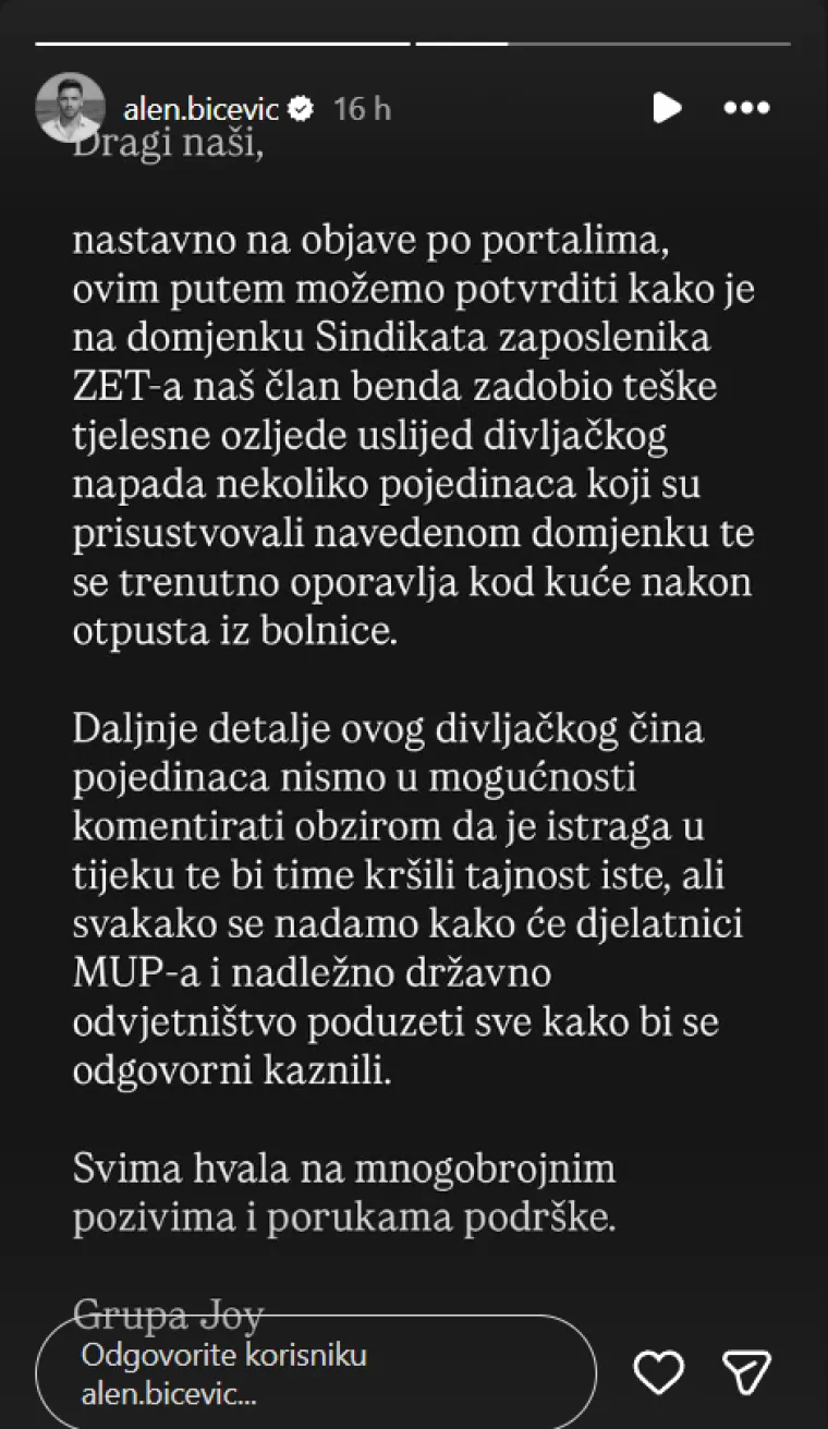 Frontmen grupe čiji je član te&scaron;ko ozlijeđen na božićnom domjenku se oglasio