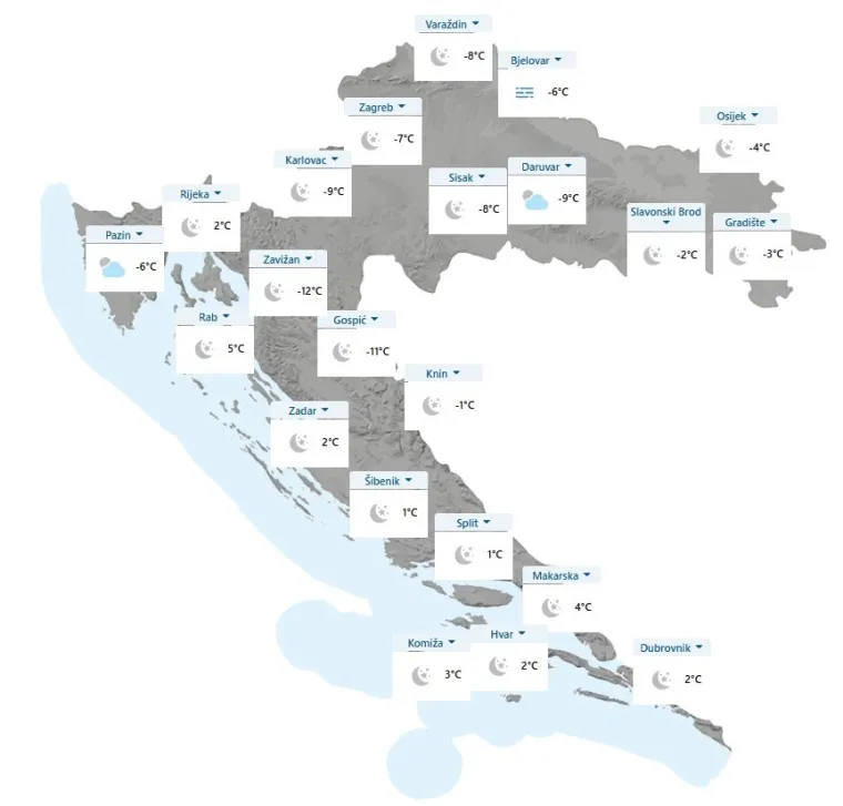 Ogromni jutarnji minusi, dio Hrvatske probudio se na -14: DHMZ objavio kartu