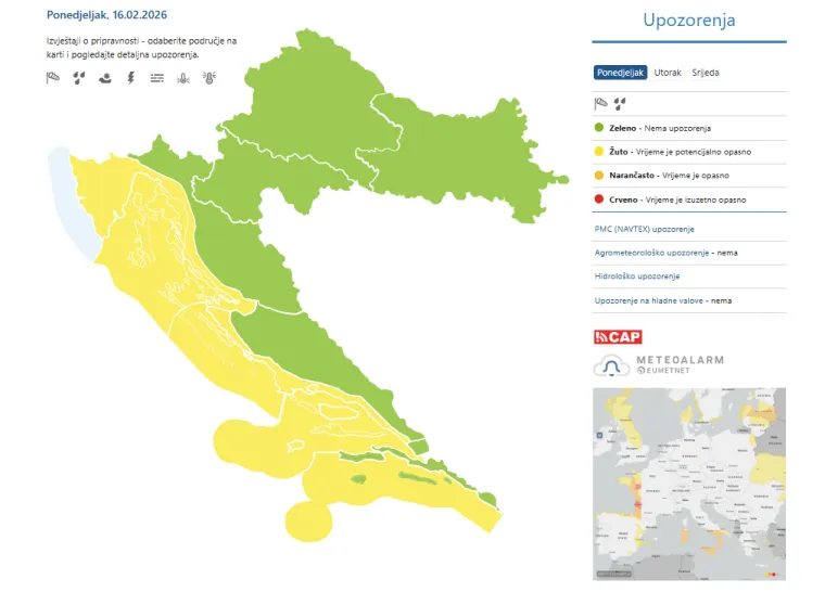 DHMZ izdao upozorenja za dijelove Hrvatske: Ki&scaron;a, pljuskovi s grmljavinom, a moguć je i snijeg