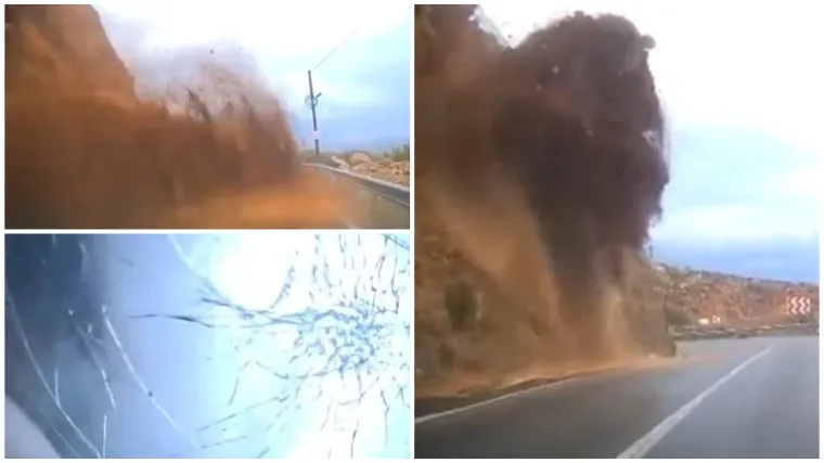 Kamera ulovila jezivi trenutak! Odron zatrpao auto u vožnji, vozač čudom preživio