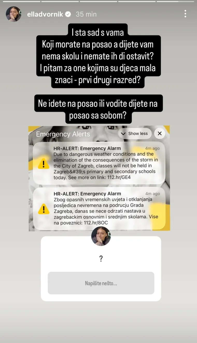 Nevrijeme zatvorilo &scaron;kole, roditelji u problemu, Ella postavila ključno pitanje: 'I &scaron;to sad?'