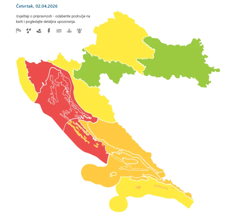 Četiri regije u 'crvenom', DHMZ izdao upozorenje: 'Bit će polomljenih stabala i letećih krhotina'