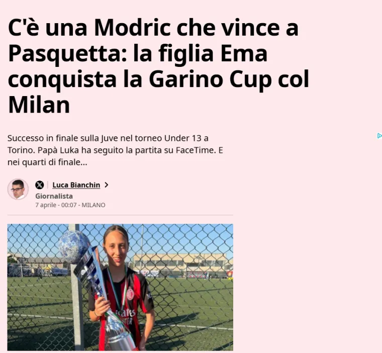 Ema Modrić osvojila trofej s Milanom! Tata Luka dio utakmice pratio iz Napulja: 'Jako je dobra'