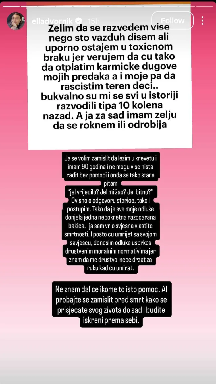 Ella Dvornik brutalno o braku: 'Zamislim da imam 90 i pitam se - Je li vrijedilo?'