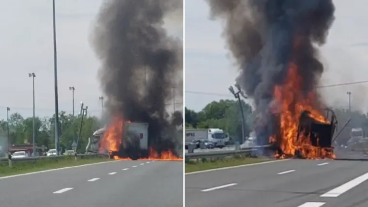 Užas na A3! Kamion probio za&scaron;titnu ogradu i planuo: 'Vozač je ostao zarobljen'