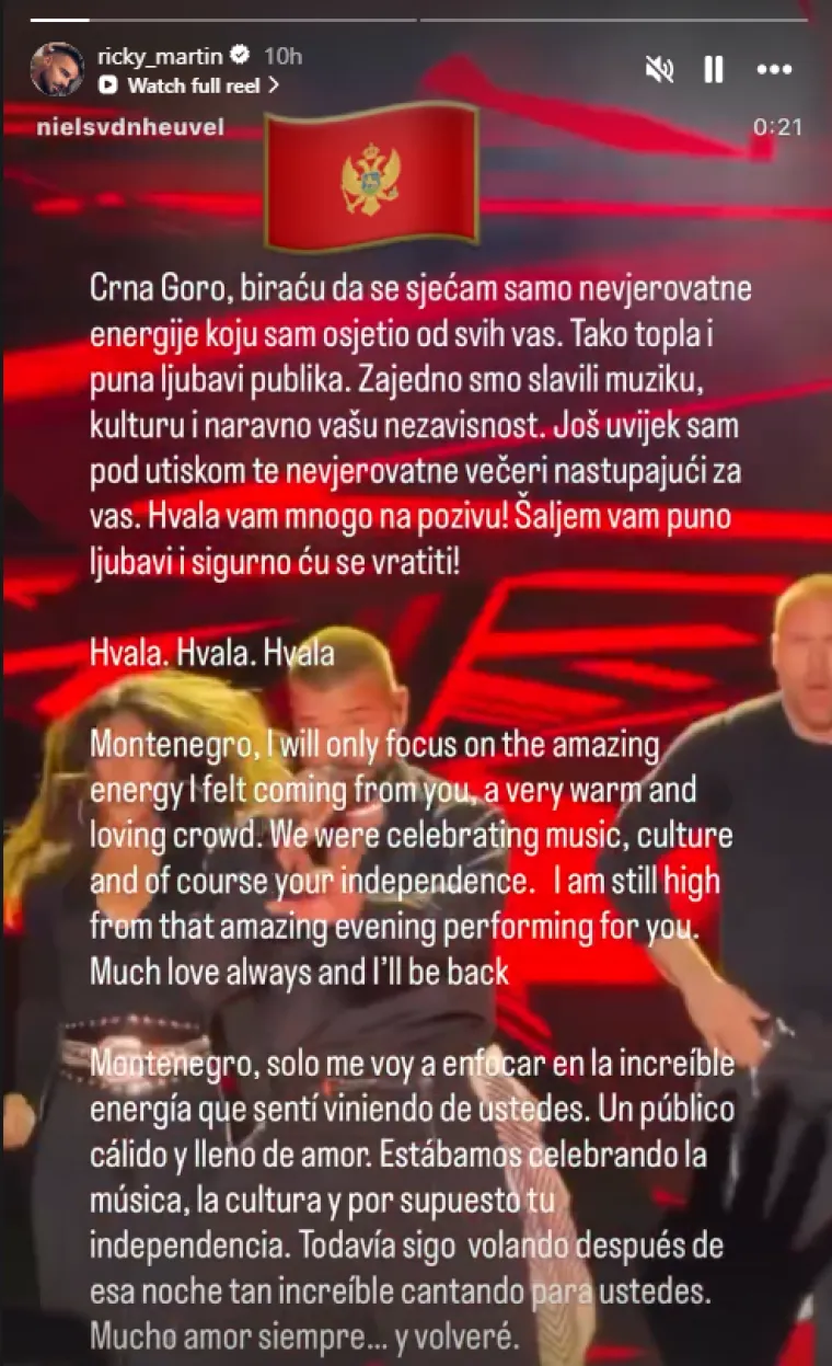 Ricky Martin prekinuo &scaron;utnju nakon kaosa u Podgorici: 'Crna Goro, ovo neću zaboraviti!'