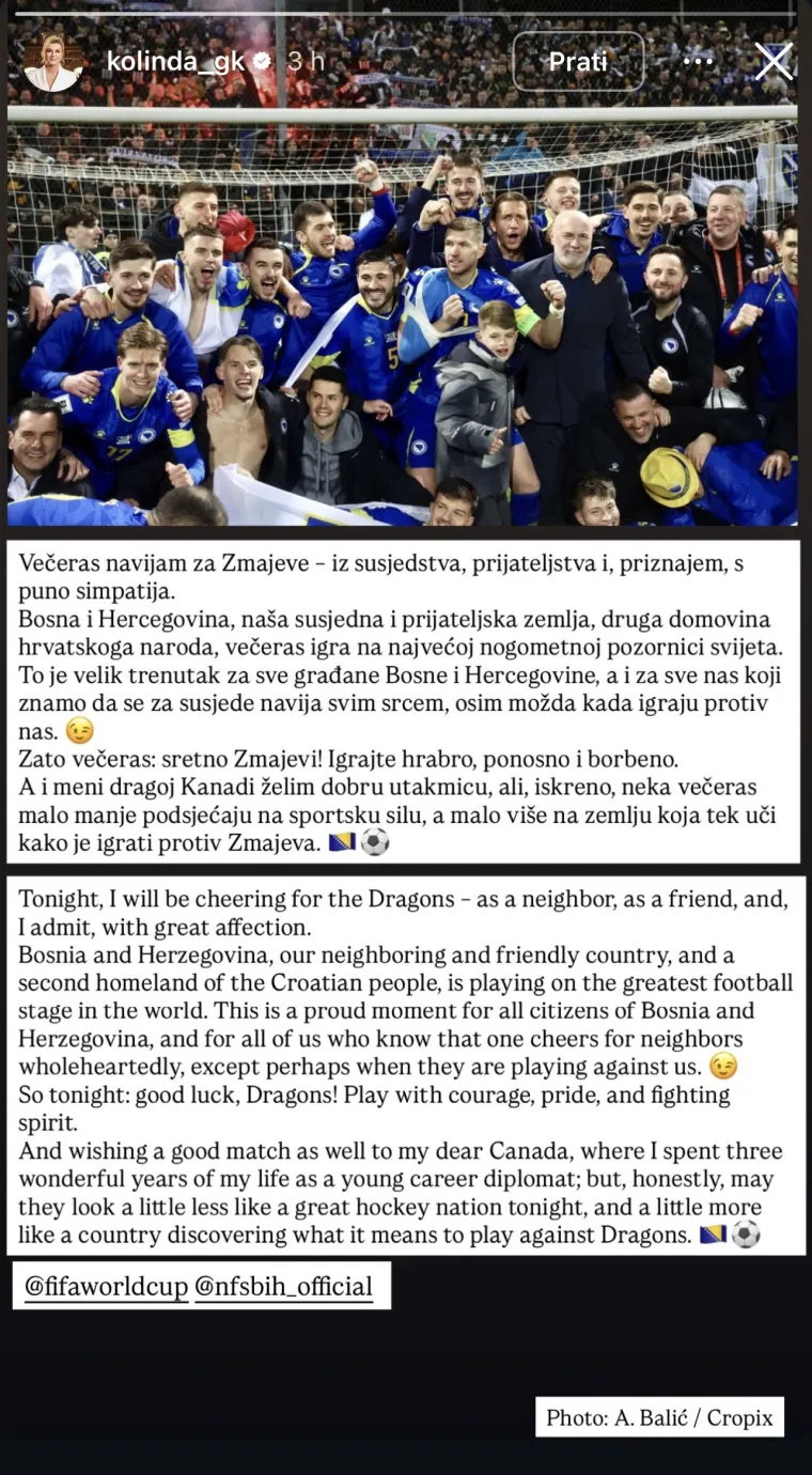 Biv&scaron;a predsjednica podržala BiH na svjetskom prvenstvu: 'Večeras navijam za Zmajeve'
