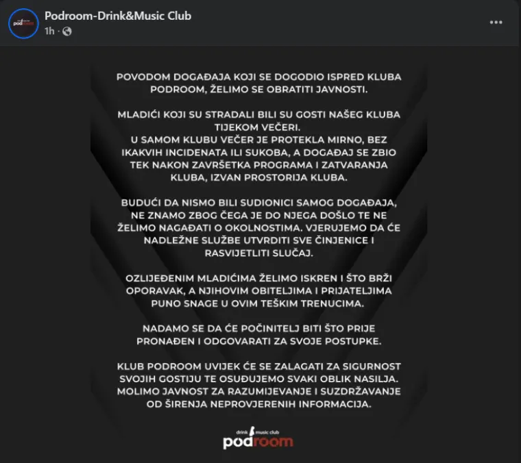 Klub iz Čakovca ispred kojeg su upucana dva mladića oglasio se o incidentu