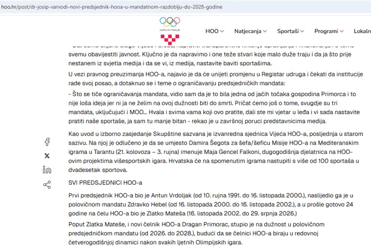 Odbor u tekstu službene objave za predsjednika: 'Novi čelnik HOO-a Dragan Primorac...'