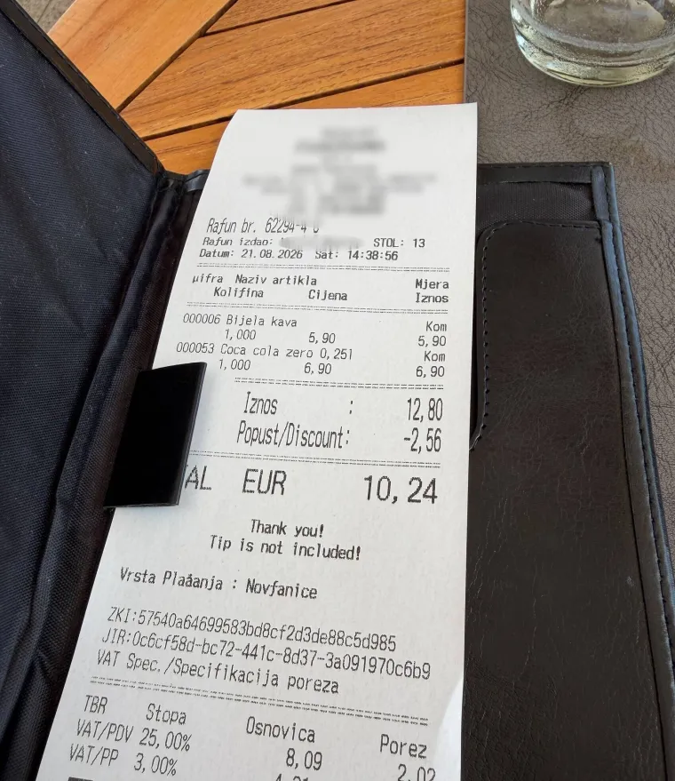 Čitatelj nam je poslao fotografiju računa iz Dubrovnika: 'Nakon &scaron;to progovori&scaron; hrvatski...'