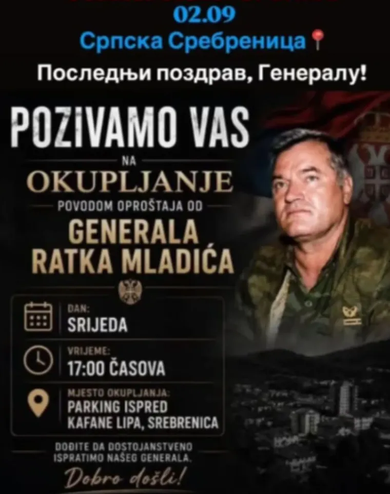U Srebrenici najavljeno okupljanje za opro&scaron;taj od ratnog zločinca Ratka Mladića